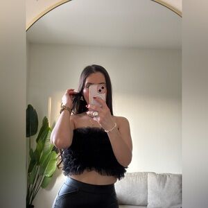 Zara Black Feather Trim Strapless Crop Top